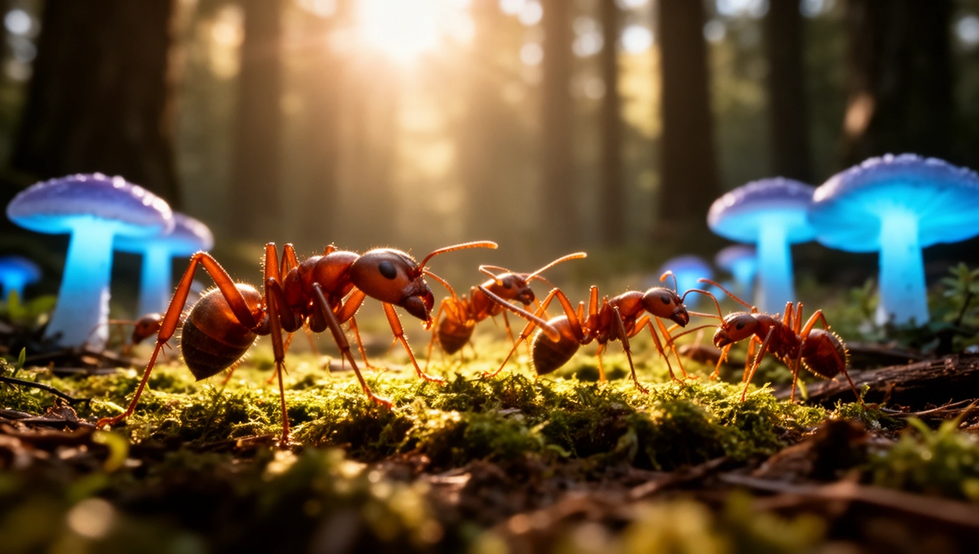 Giant ants in a bioluminescent forest